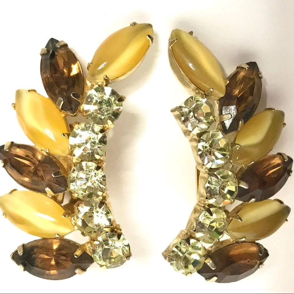 Vintage Rhinestone Earrings Ear Climbers Clip Gold
